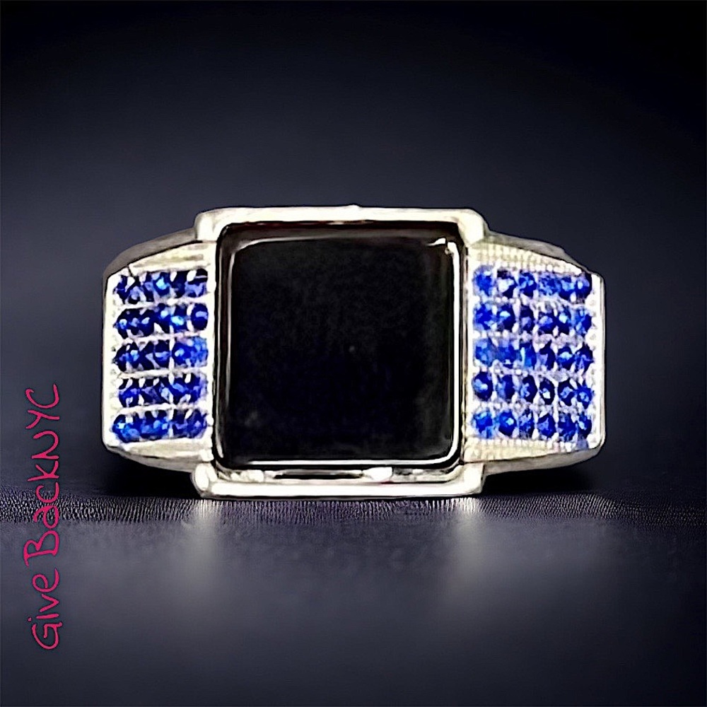 Silver Toned Square Black Onyx Ring Size 13